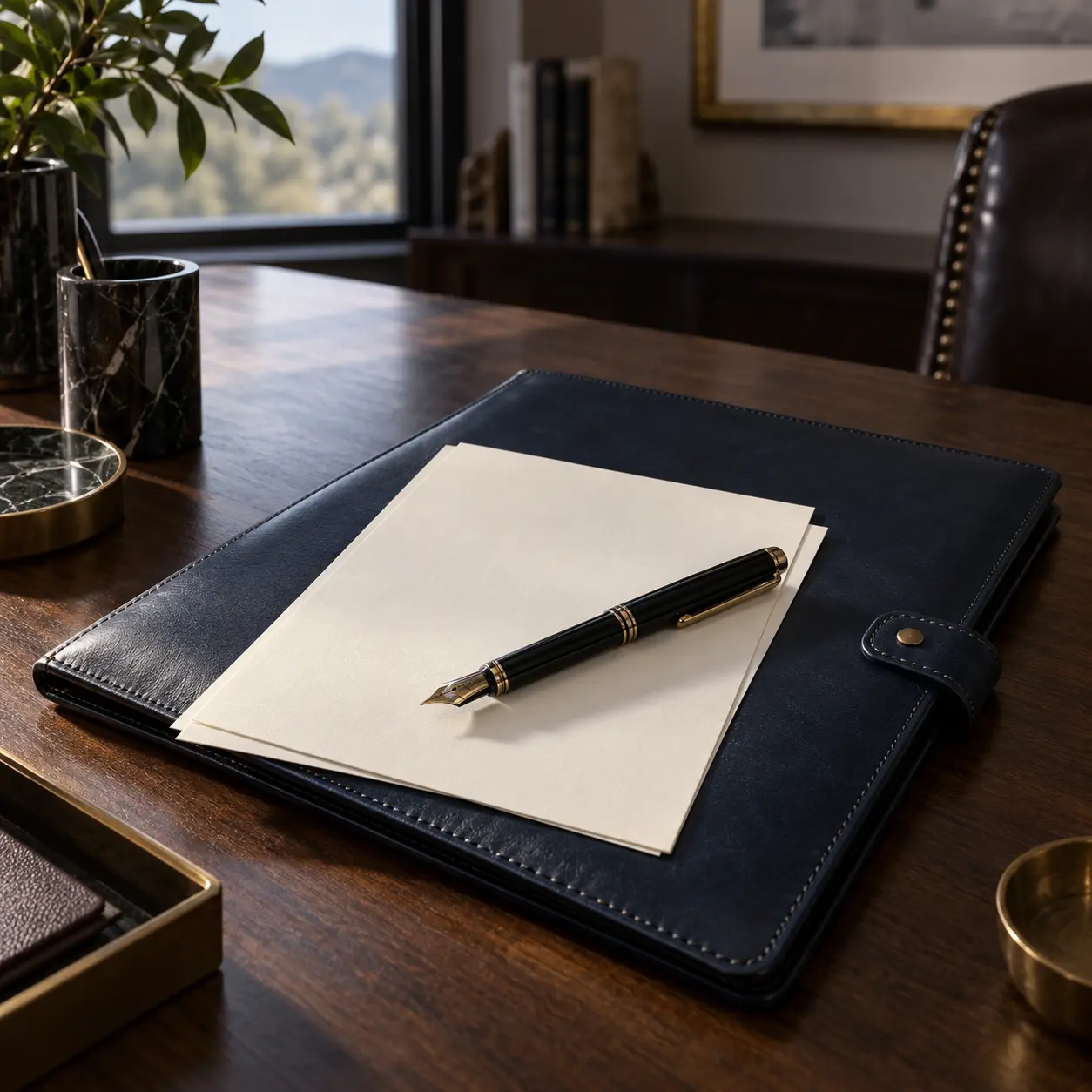 Midnight-blue leather folio, ivory paper, and a fountain pen on a walnut desk